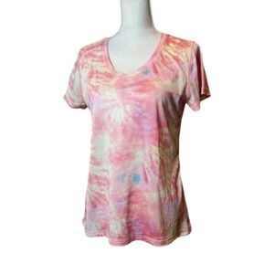 ZELOS Women's Athletic Top Pink Yellow Mint watercolor V-neck Size Medium